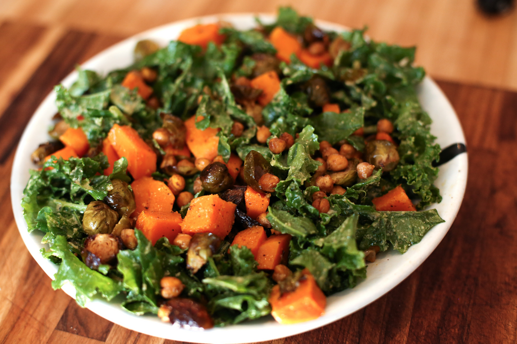 Kale Salad with Cashew Dressing, Butternut Squash, and Chickpea Croutons